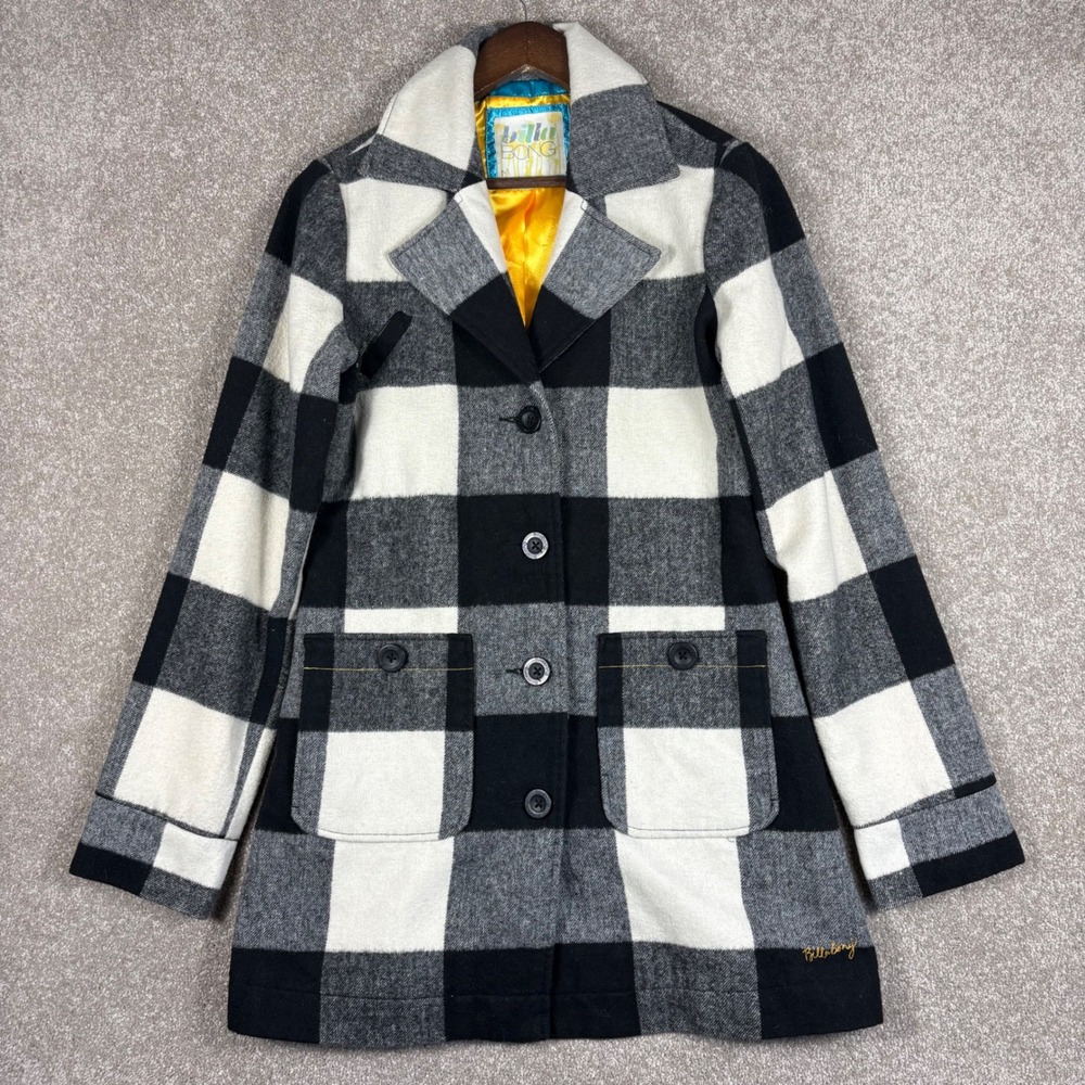 Billabong Womens Buffalo Plaid Wool Blend Pea Coat Black White Grey Size M